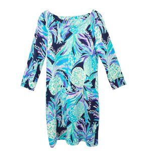 Lilly Pulitzer Hollee Dress M Alotta Colada Bright Navy Mini 3/4 Sleeve Cutout